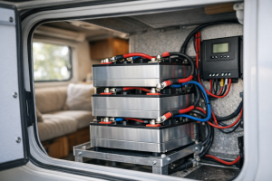 Lithium batteries for RV solar installed in a camper van electrical compartment