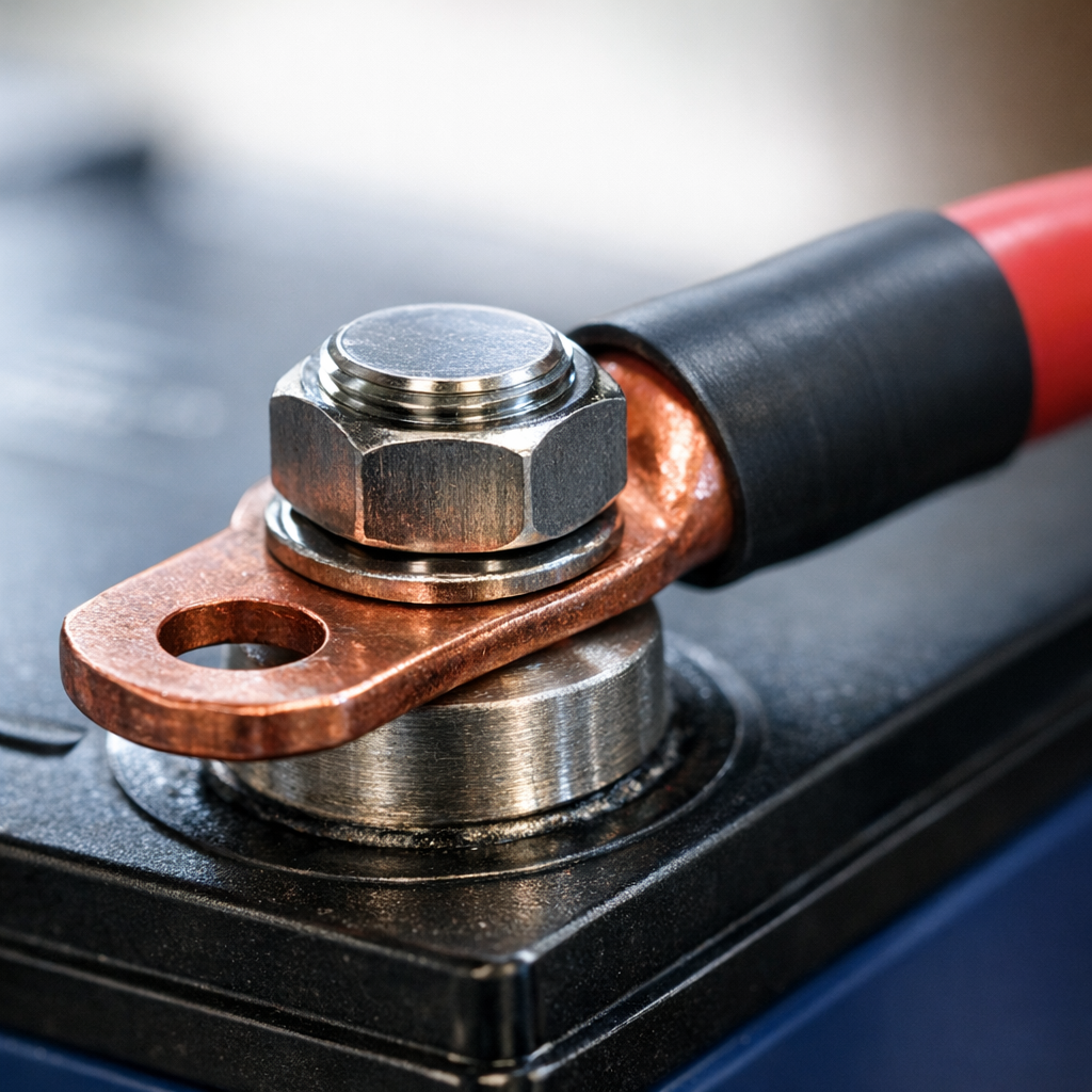 Close-up of lithium battery terminal with properly crimped copper lug