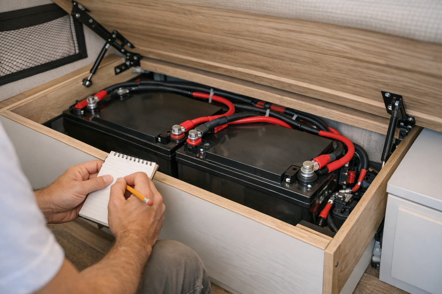 Person sizing a lithium battery bank inside an RV storage compartment