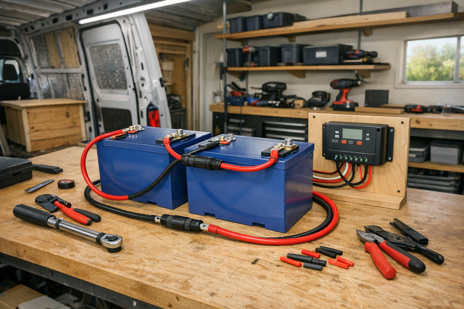 Workshop setup for wiring lithium batteries with RV solar charge controller