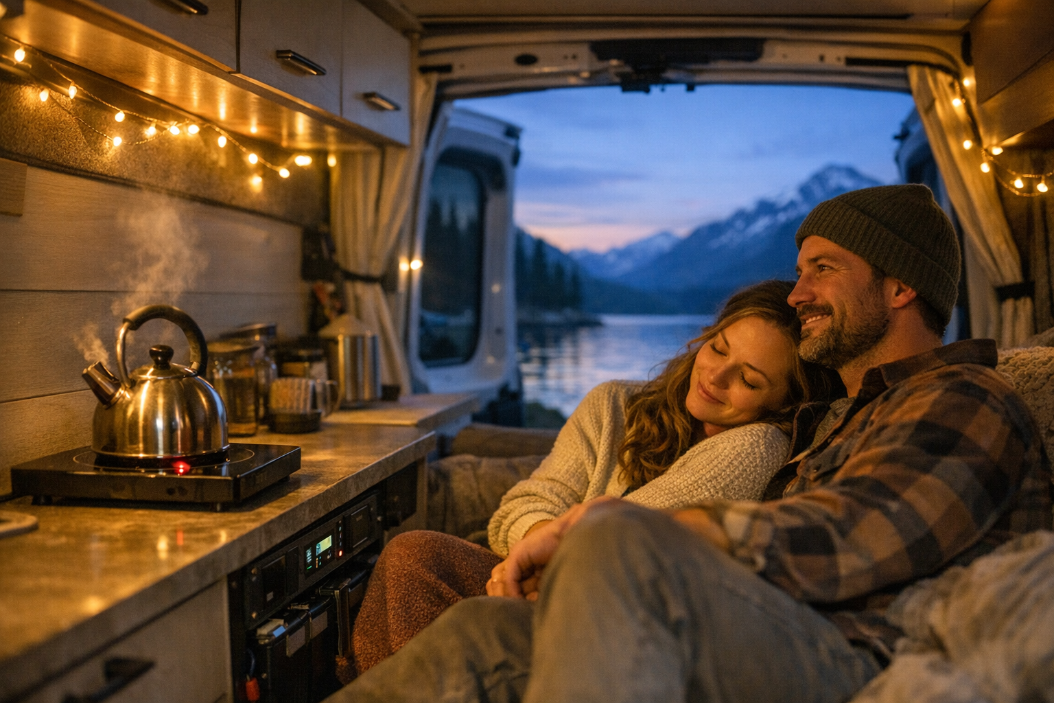 Couple enjoying off-grid RV life powered by lithium solar batteries