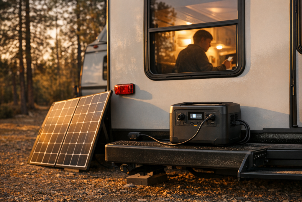 Portable power station at golden hour RV campsite with solar panel