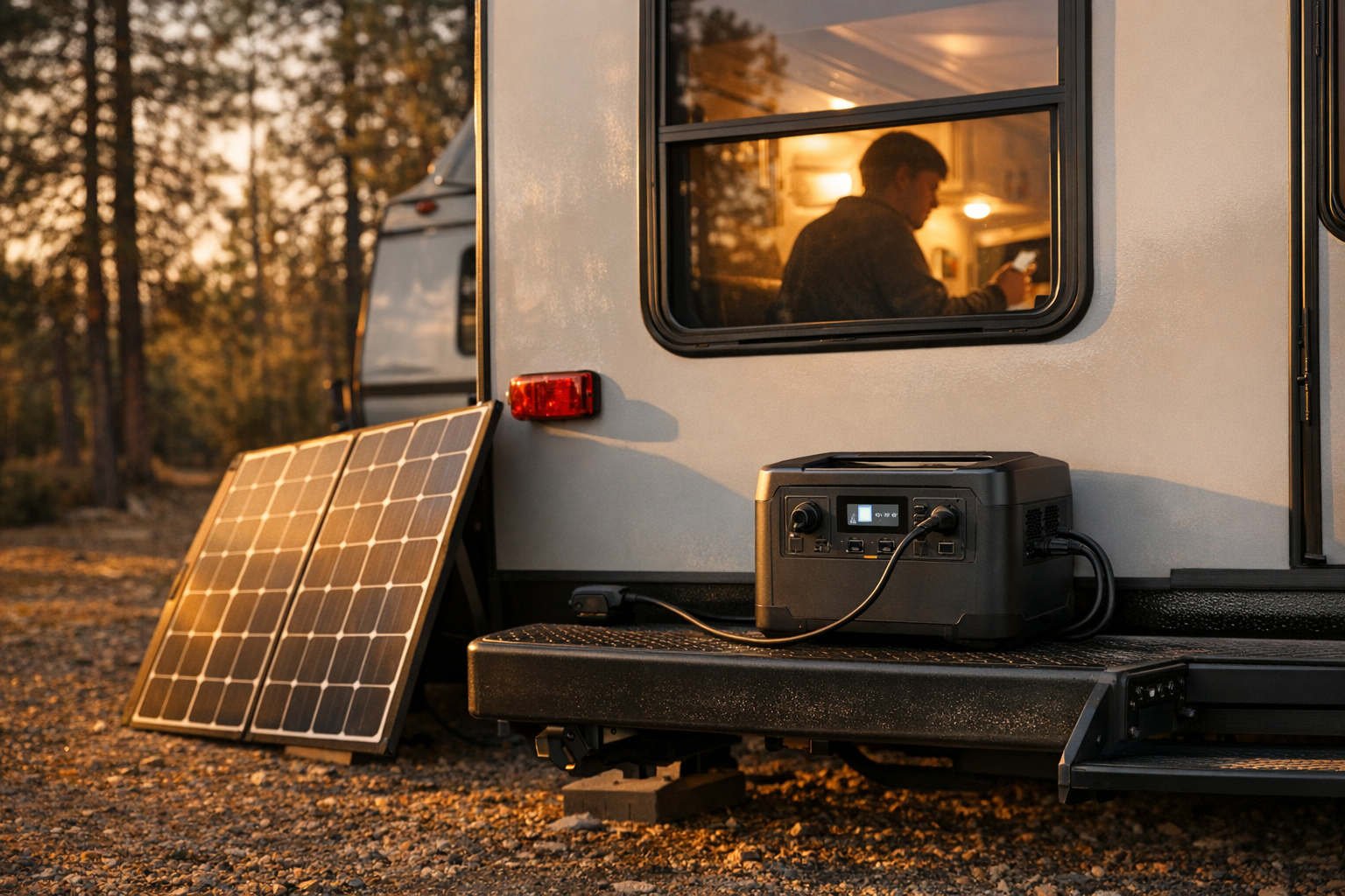 Portable power station at golden hour RV campsite with solar panel