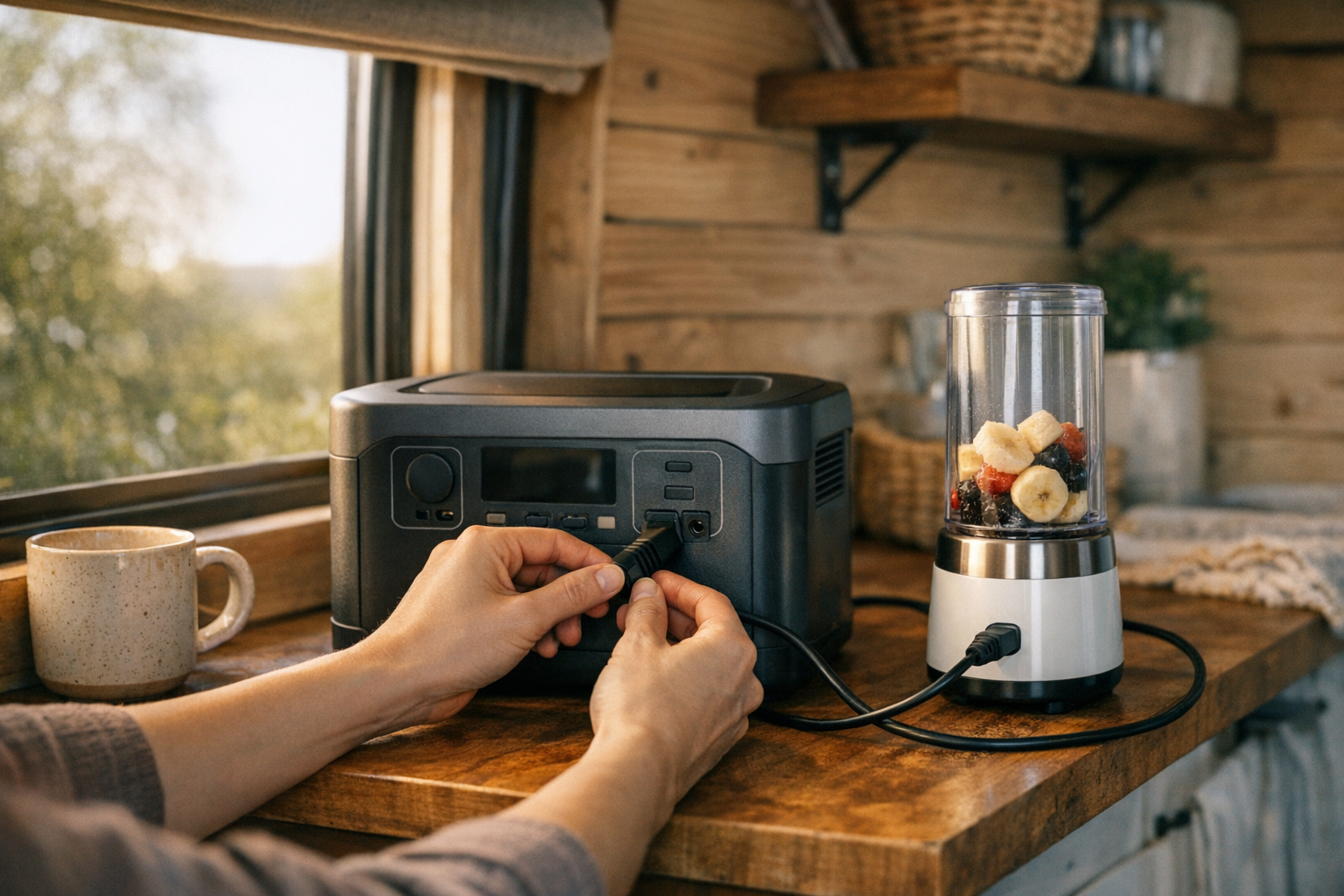 Hands plugging blender into portable power station inside camper van
