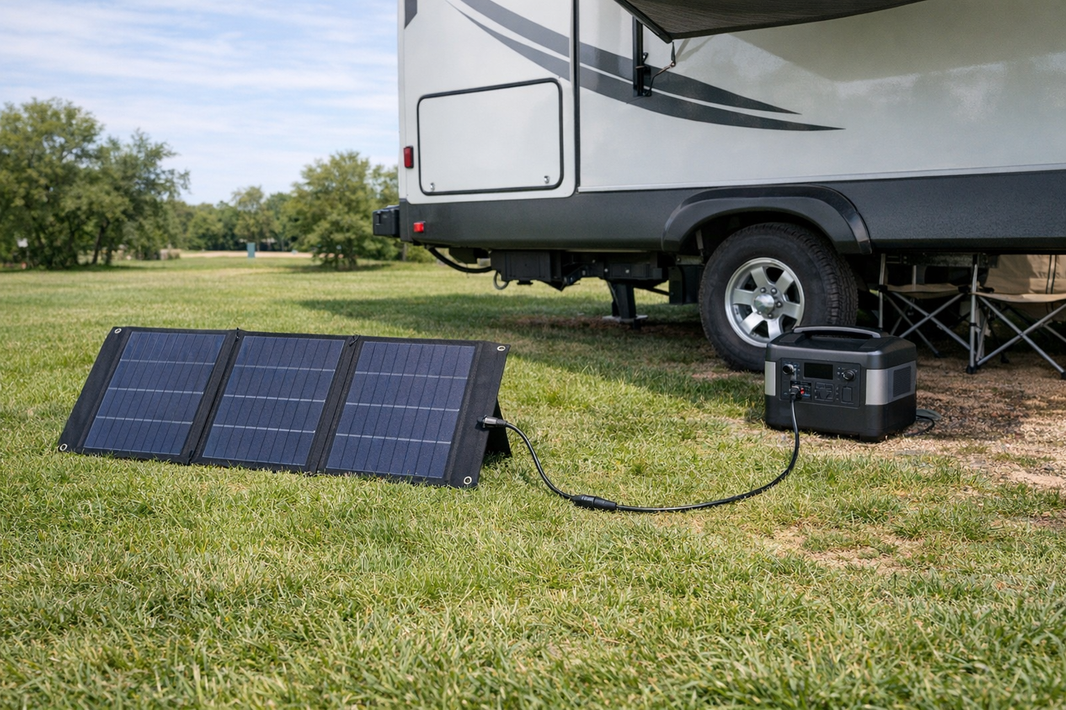 Foldable solar panel charging portable power station beside RV campsite