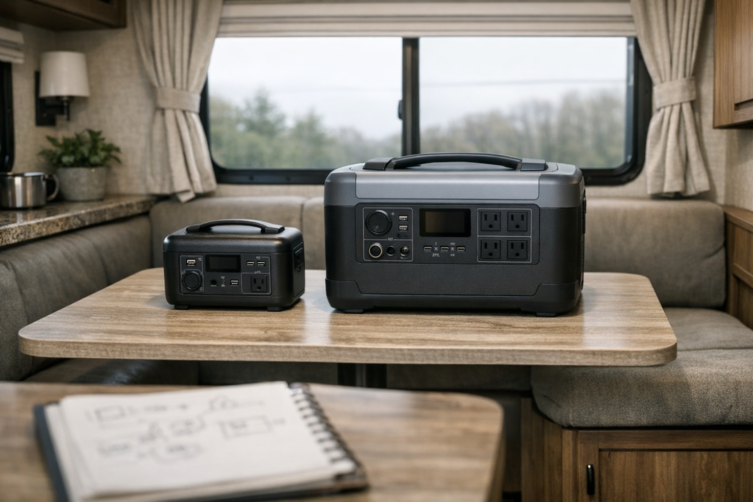Two different sized portable power stations compared inside RV dinette