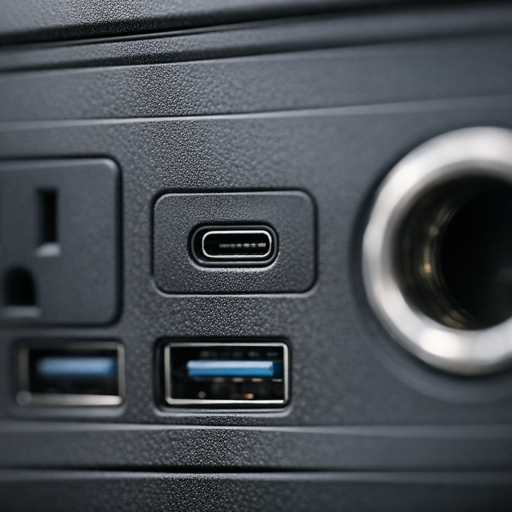 Close-up of portable power station output ports and connectors