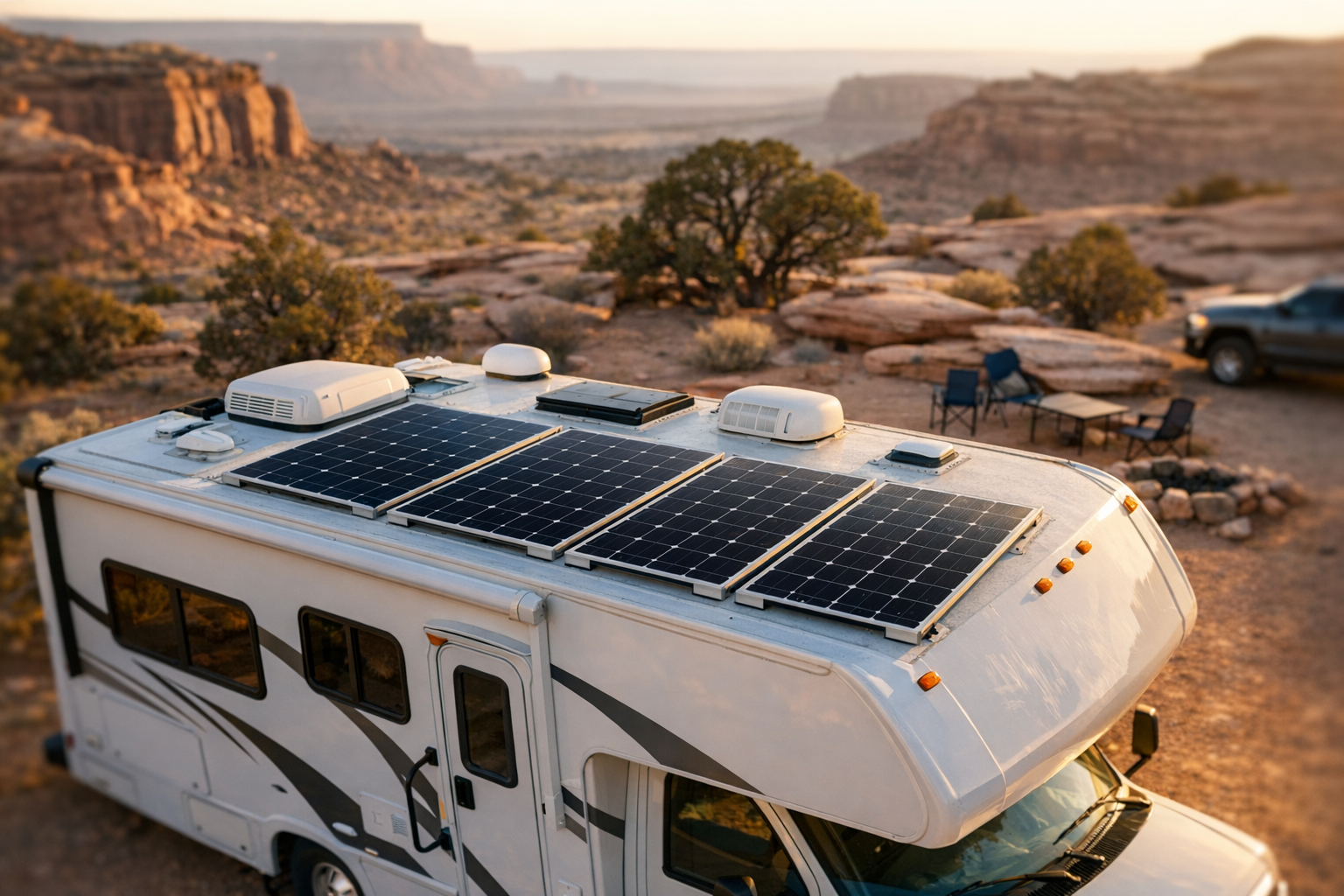 Rigid RV solar panels mounted on motorhome roof at golden hour