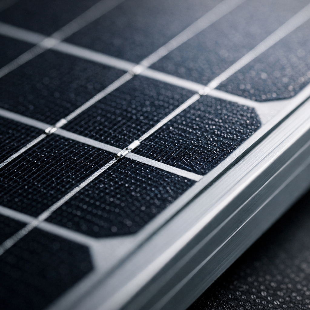 Close-up of rigid solar panel cells and tempered glass surface