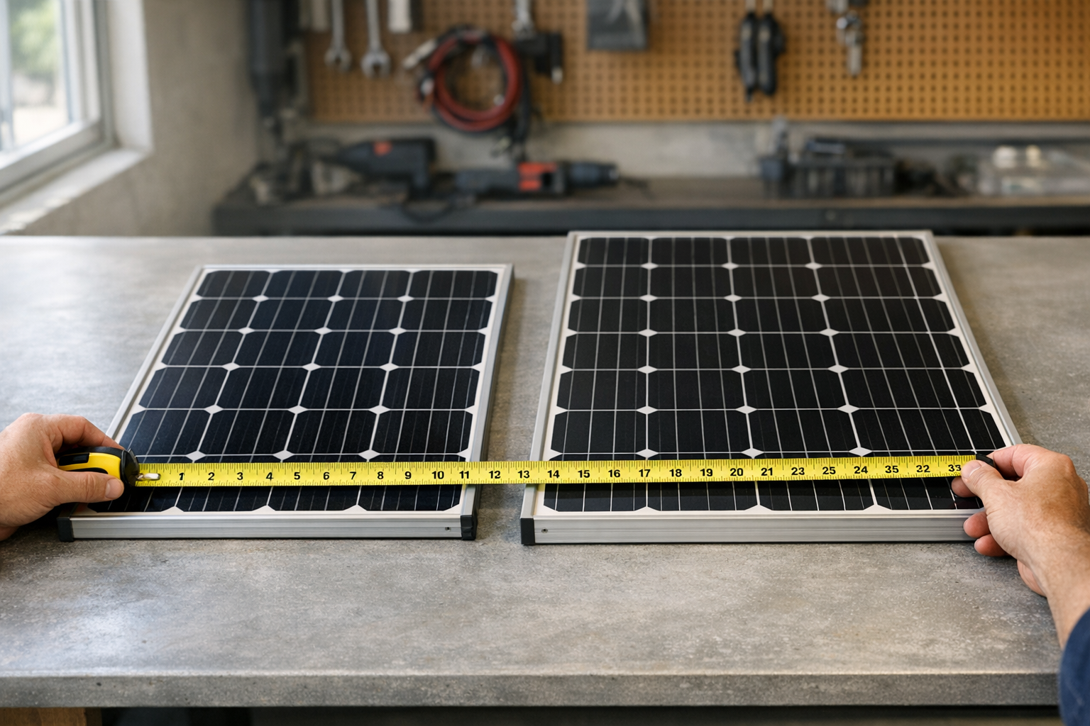 Two rigid RV solar panels compared side by side on workbench