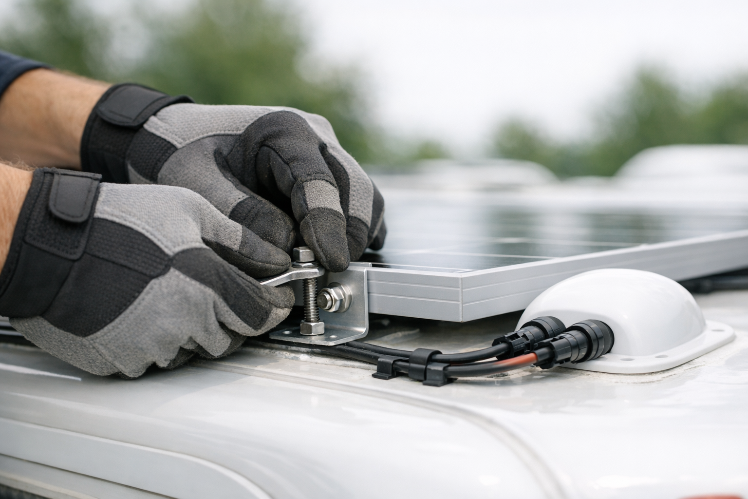 Gloved hands securing rigid solar panel Z-bracket on RV roof