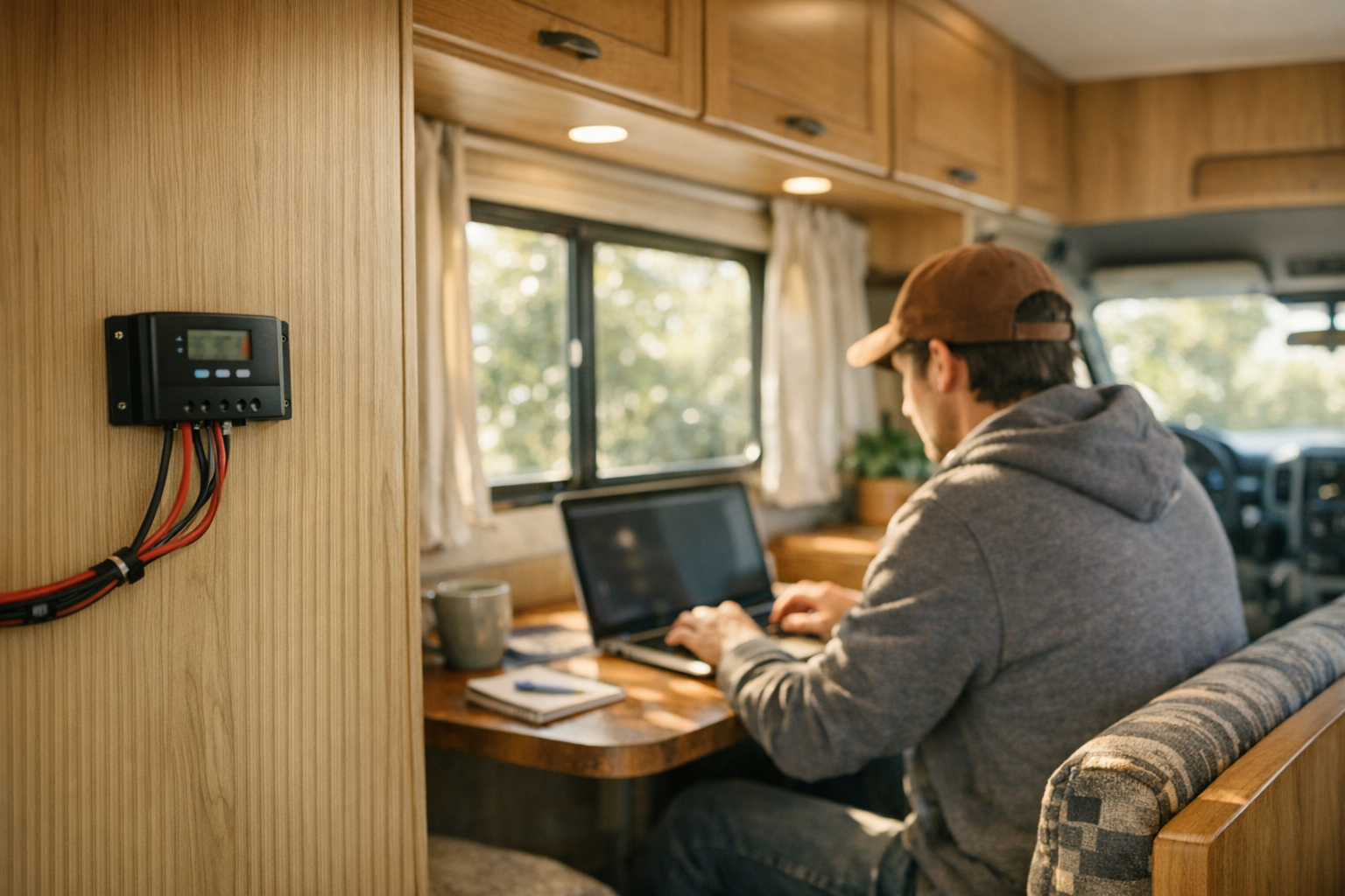 RV interior with charge controller and person using solar-powered laptop