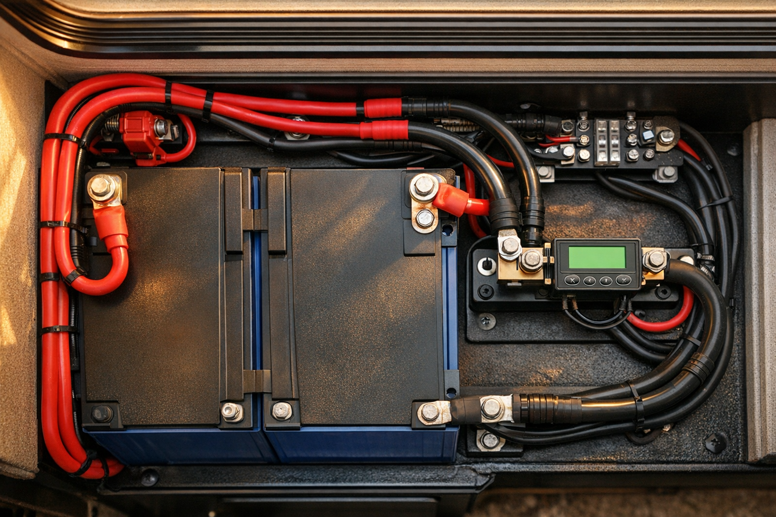 RV battery monitor shunt installed in camper van battery bank