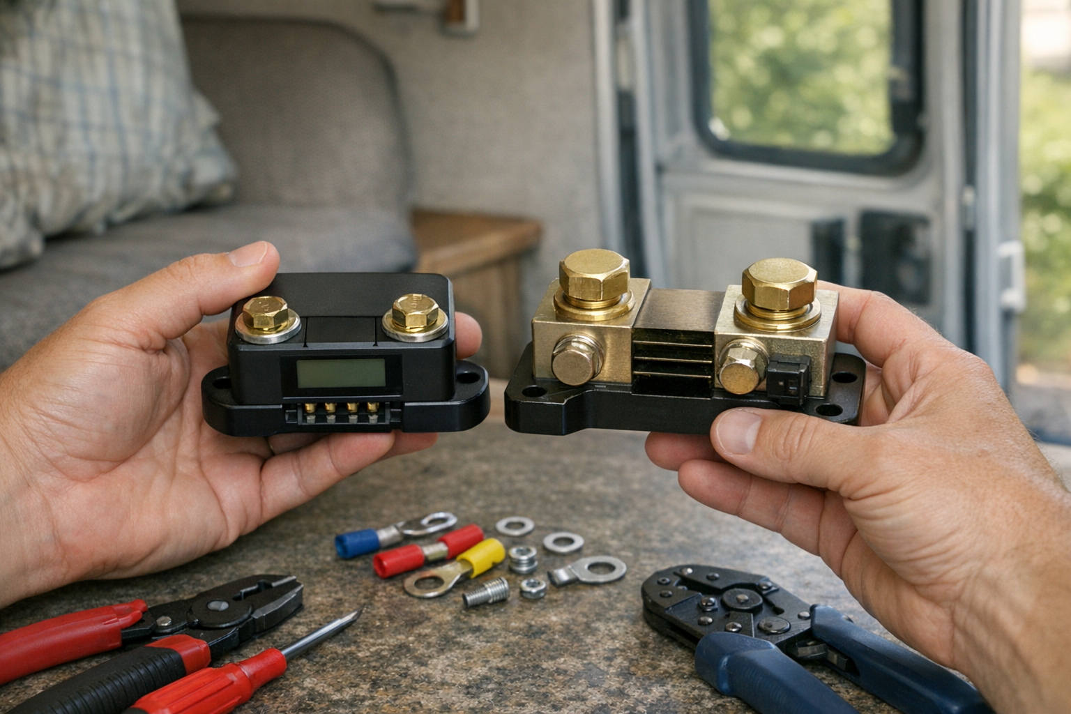 Hands comparing two battery monitor shunt units on RV workbench