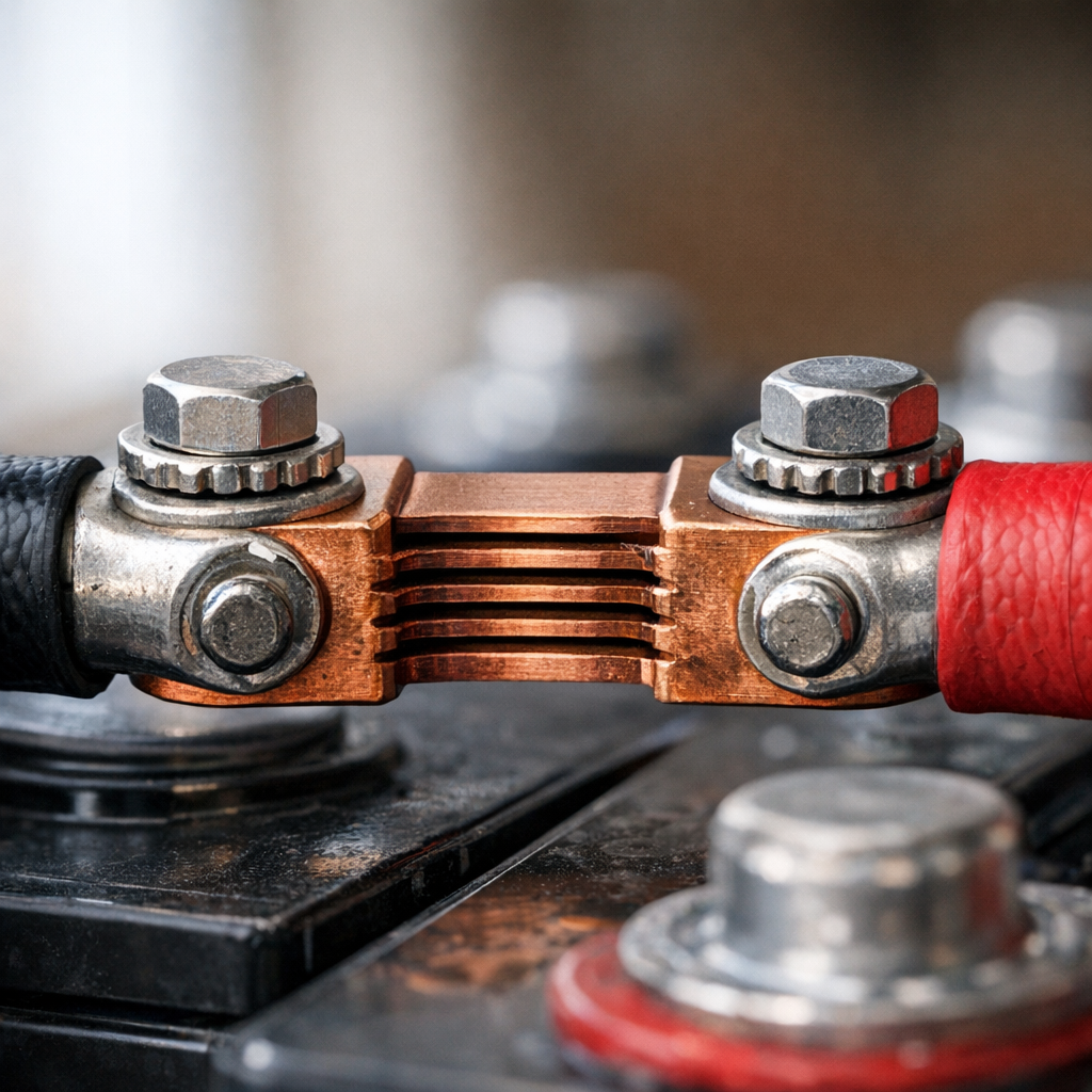 Close-up macro of RV battery monitor shunt terminals and cables