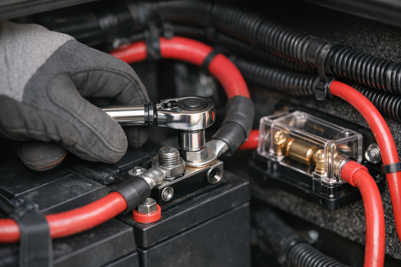 Gloved hand torquing battery shunt terminal bolt for safe RV installation