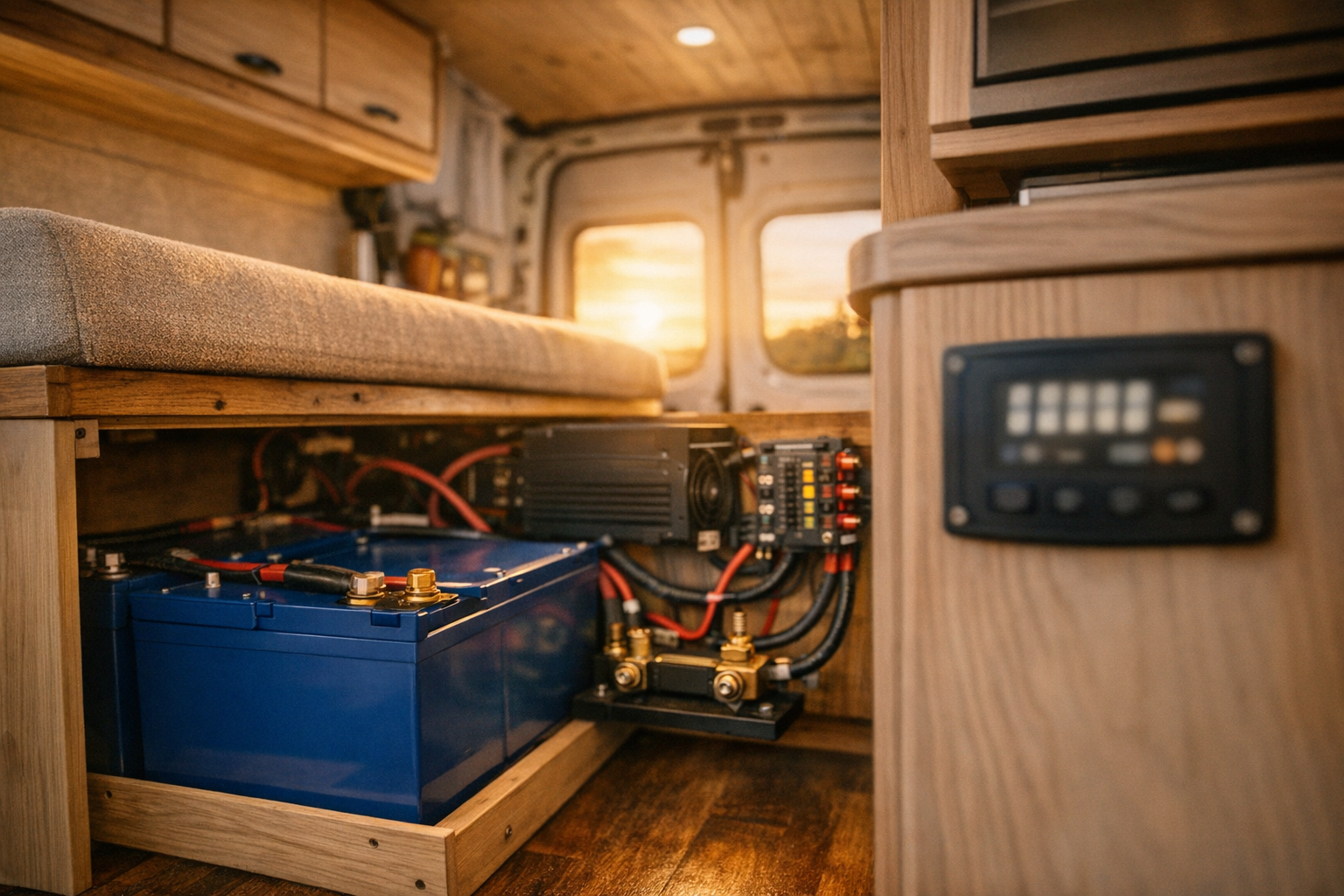 Complete RV electrical system with battery monitor shunt in sprinter van