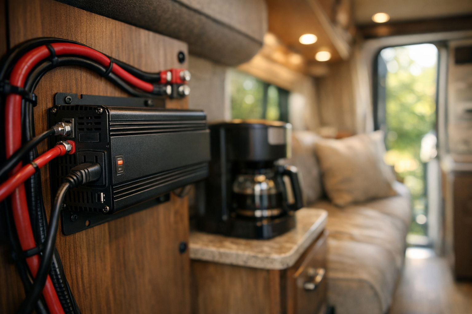 1000W RV inverter mounted inside a camper van with clean wiring