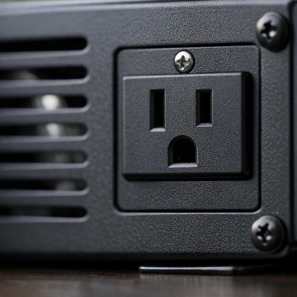 Close-up macro of a 1000W inverter AC outlet and ventilation