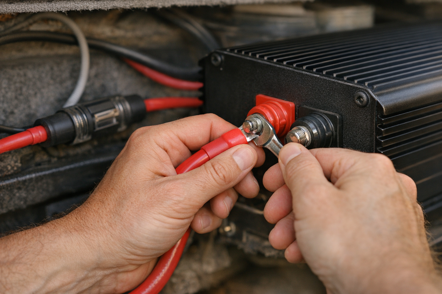 Hands securing battery cable with inline fuse on RV inverter installation