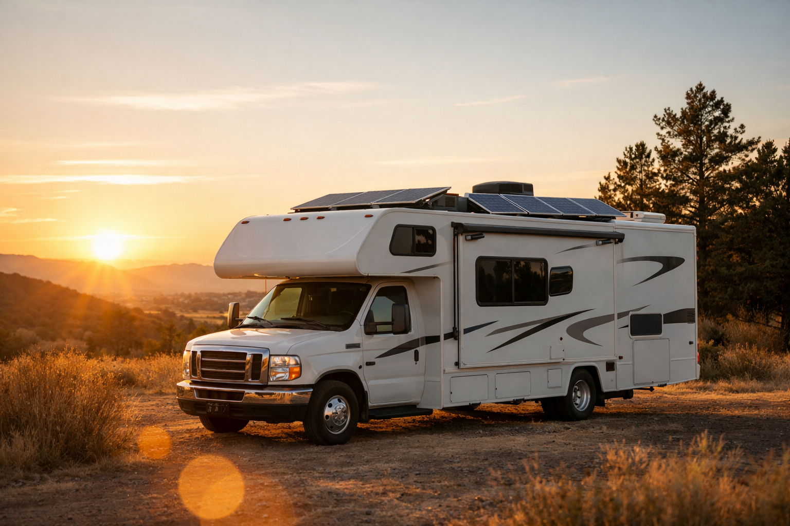 RV with rooftop solar panels at sunset in open landscape