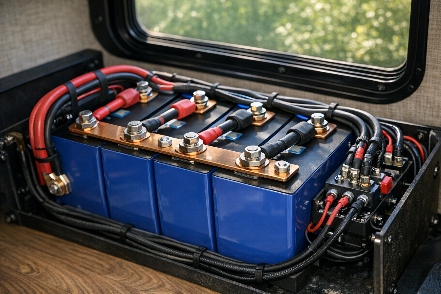 LiFePO4 battery bank with organized bus bar connections