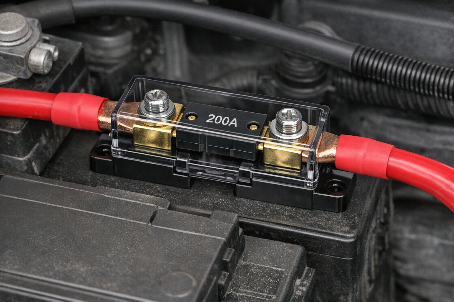 ANL fuse holder installed on RV battery positive line