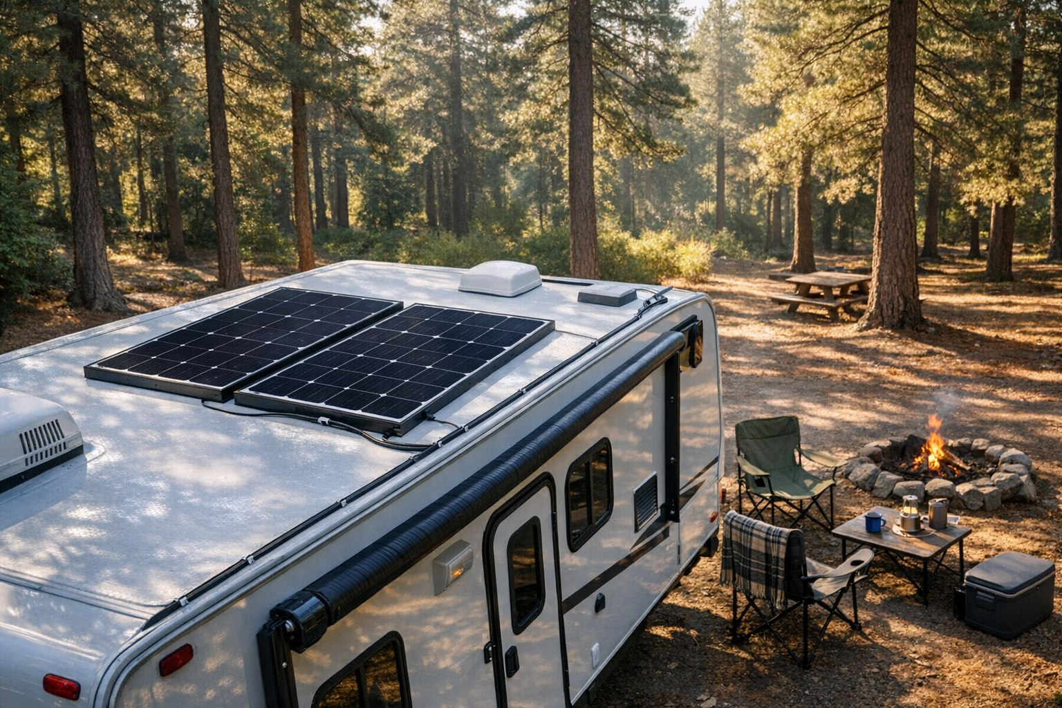 200W RV solar kit with two panels installed on travel trailer roof at forest campsite