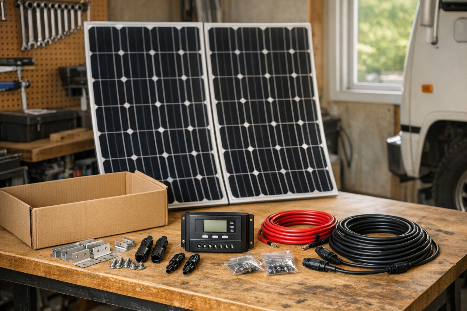 Unboxed 200W RV solar kit components laid out on workshop bench