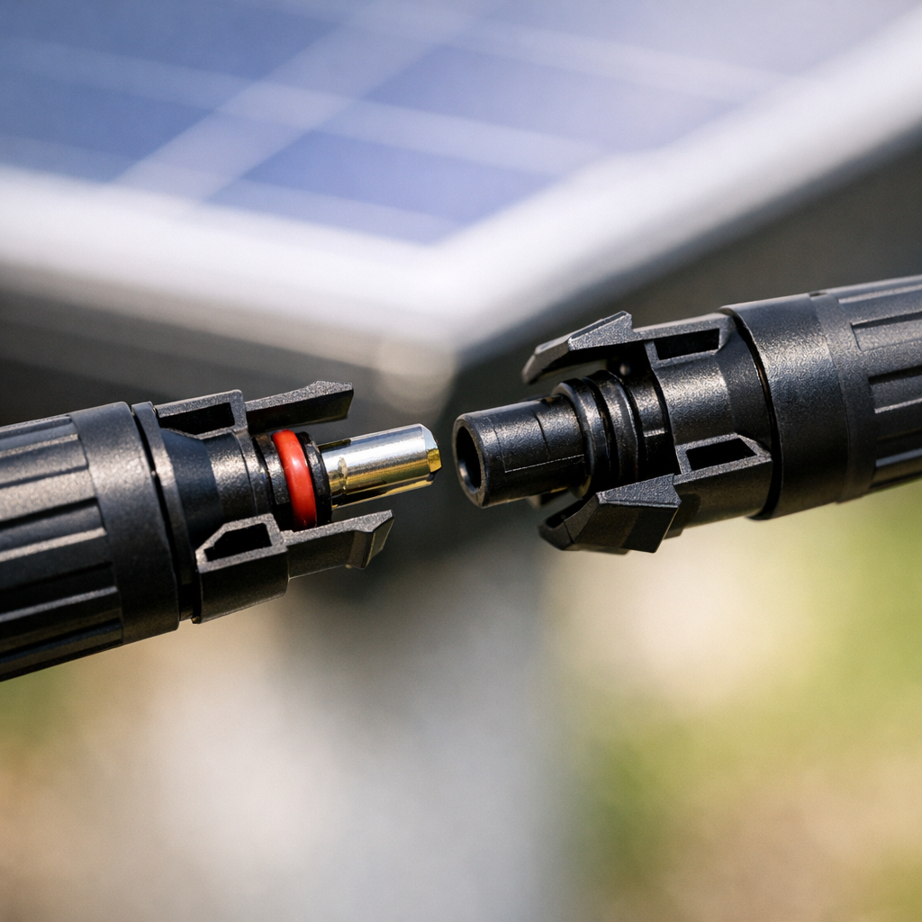 Close-up of MC4 solar connectors used in RV solar kit wiring
