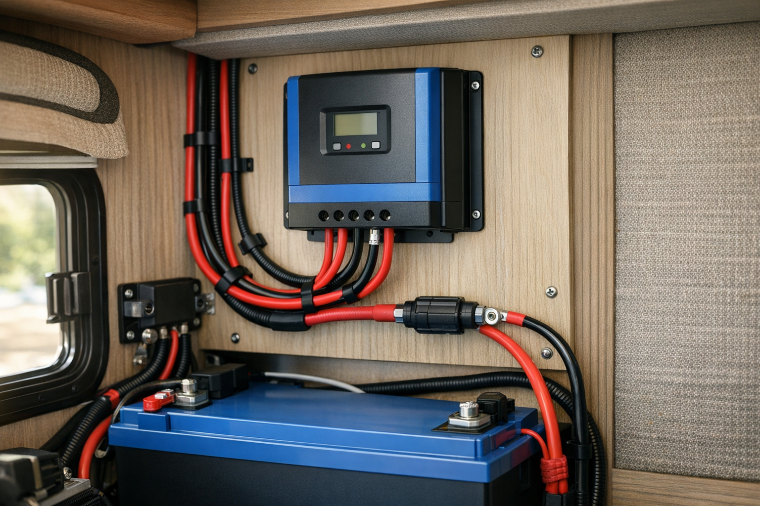 Neatly installed RV solar charge controller with inline fuse and clean wiring
