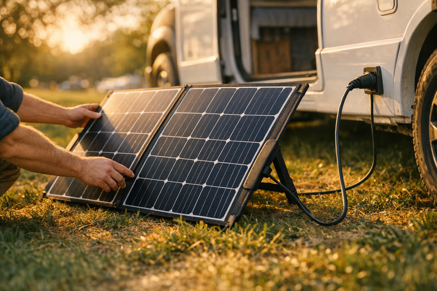 Hands adjusting a portable 200W solar panel beside a camper van