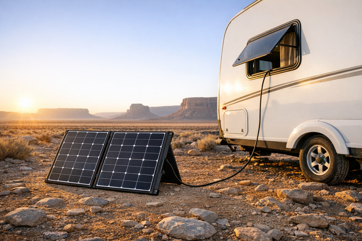 Portable RV solar suitcase kit deployed at a desert boondocking campsite