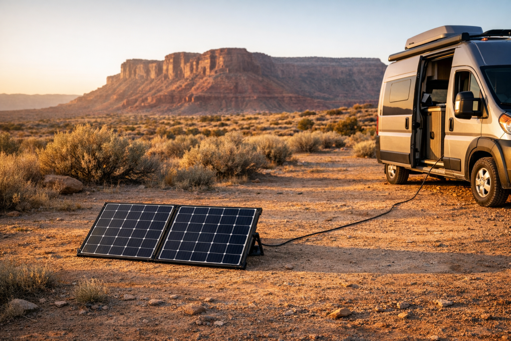 Portable RV solar suitcase kit deployed at a desert boondocking campsite