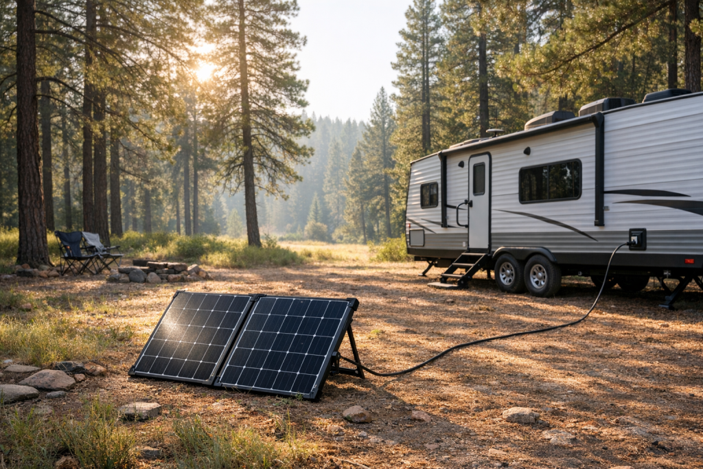 Portable solar suitcase kit deployed beside RV while boondocking in forest