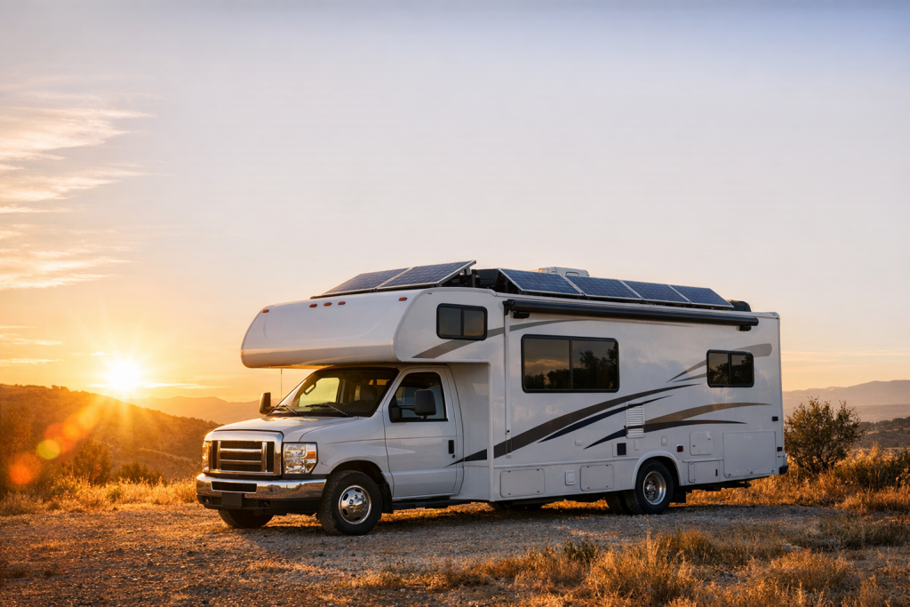 RV with rooftop solar panels at sunset in open landscape