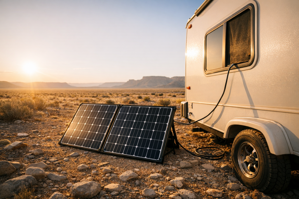 Portable RV solar suitcase kit deployed at a desert boondocking campsite