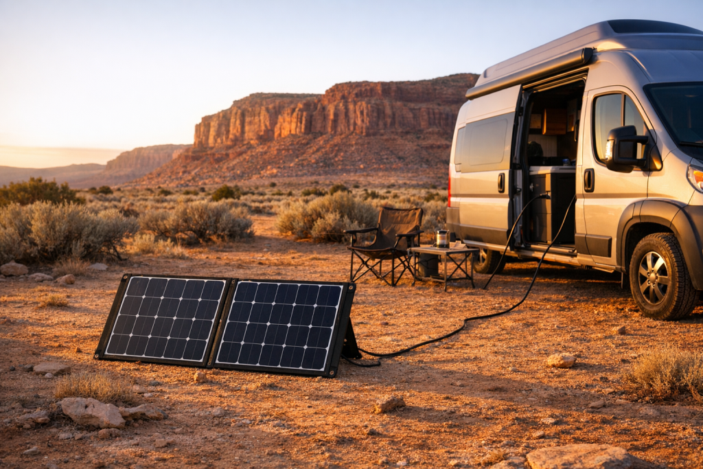 Portable RV solar suitcase kit deployed at a desert boondocking campsite during golden hour