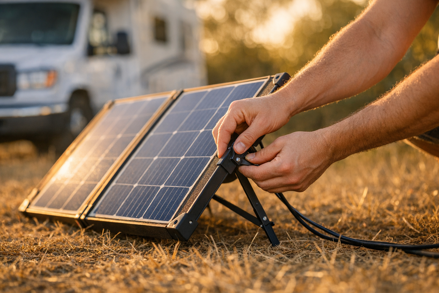 Hands adjusting tilt angle on a portable solar suitcase for boondocking