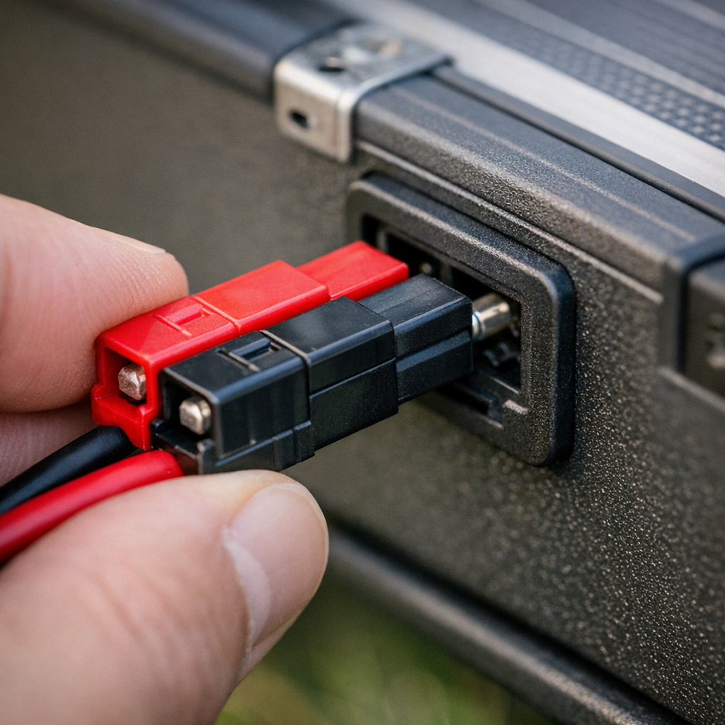 Close-up of Anderson connector on a solar suitcase charge controller