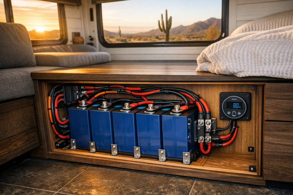 RV interior showing lithium battery bank for boondocking amp hour needs