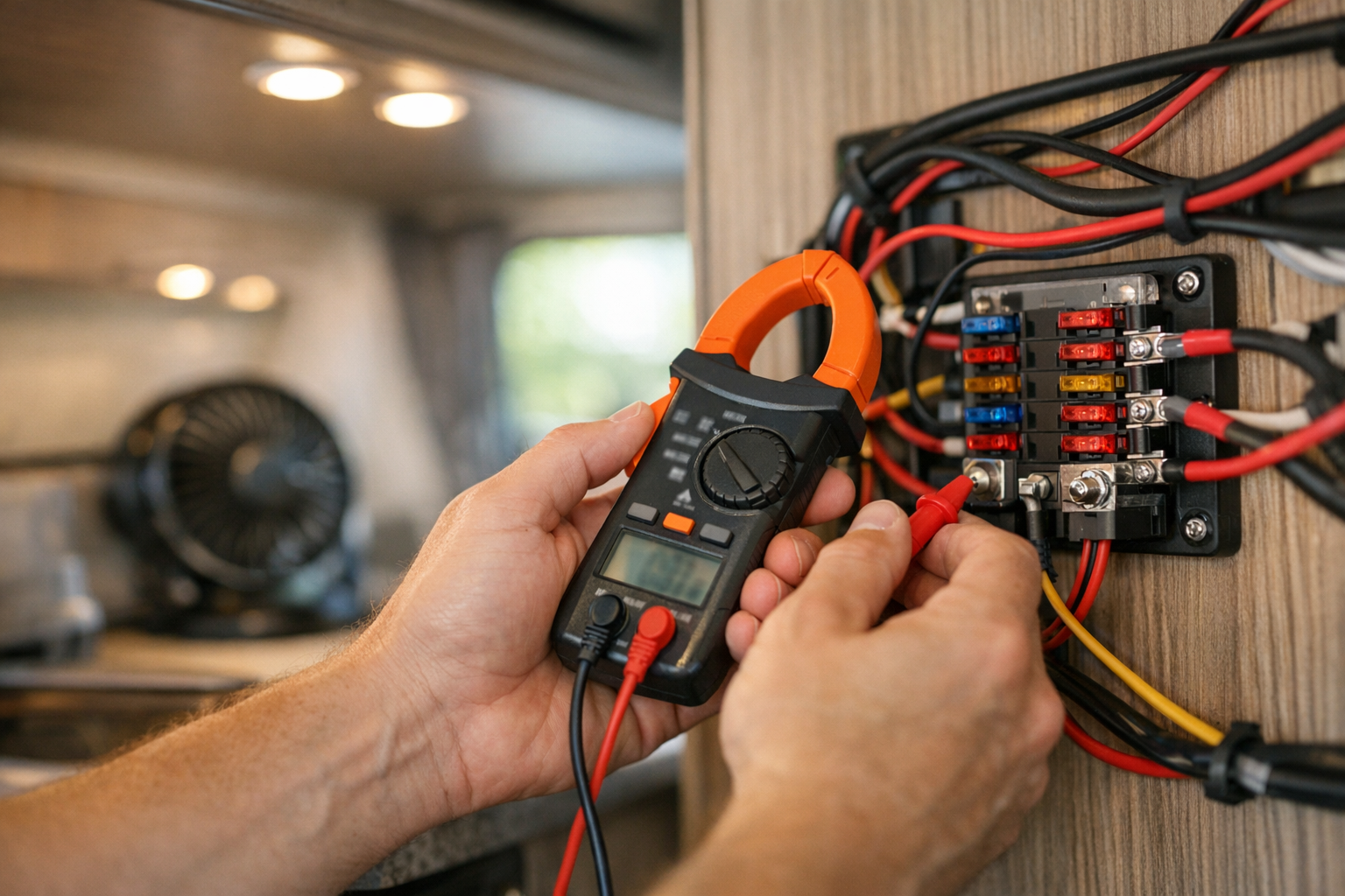 Hands using clamp meter to audit RV daily amp hour consumption