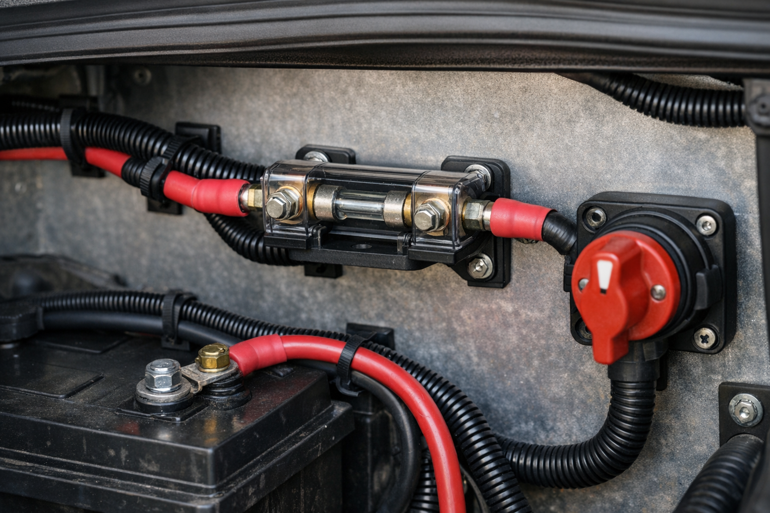 RV battery fuse and disconnect switch for safe amp hour system wiring