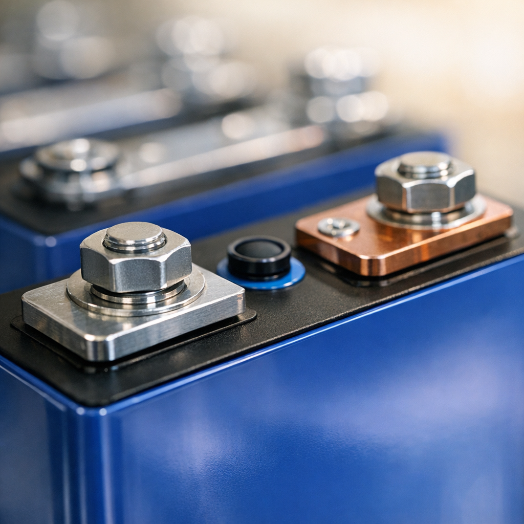 Close-up lithium battery cell showing usable amp hour capacity connections