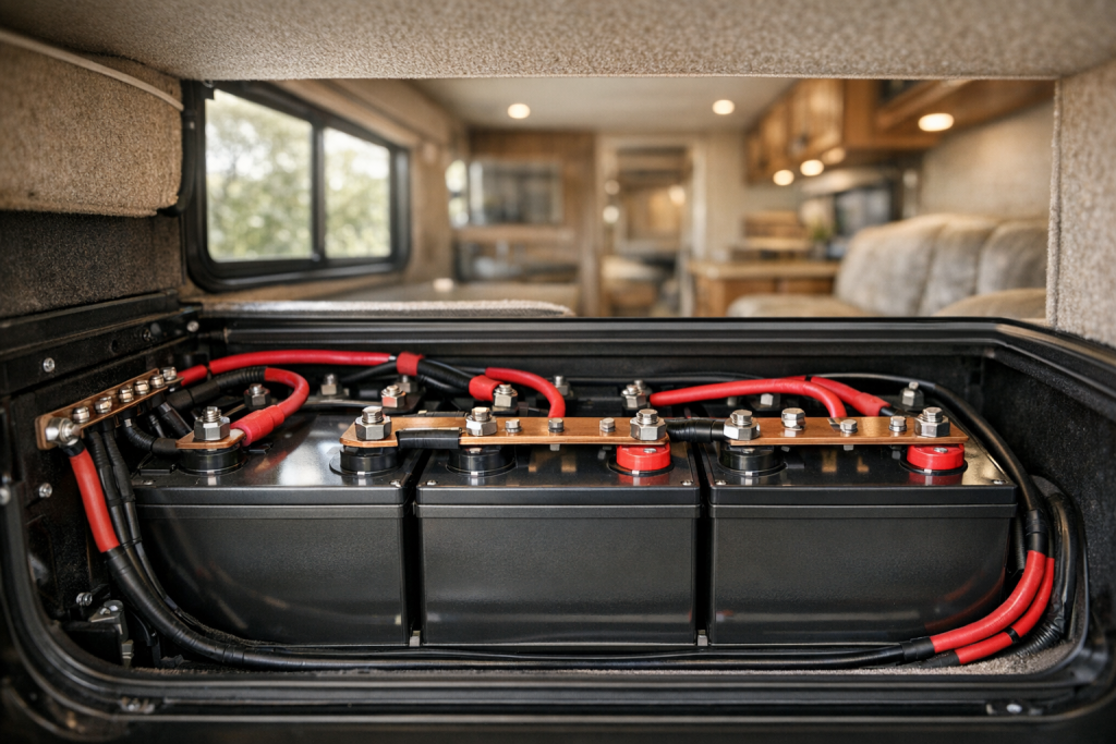 RV battery bank with lithium batteries wired in parallel inside camper van