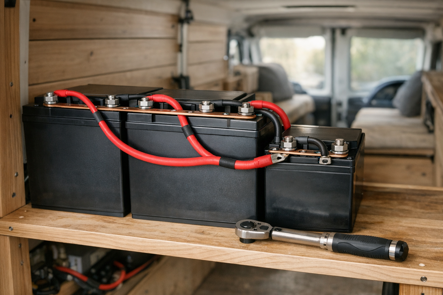 Multiple RV batteries wired in parallel inside a van conversion workshop