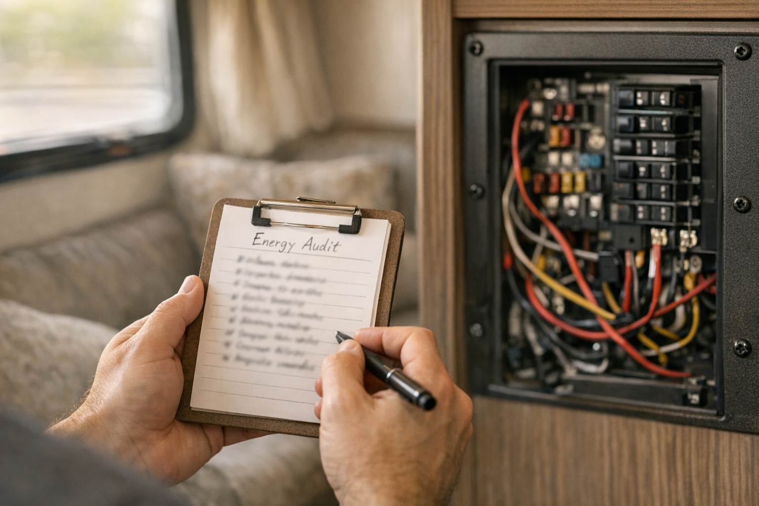 Hands calculating RV amp hour needs beside an electrical panel