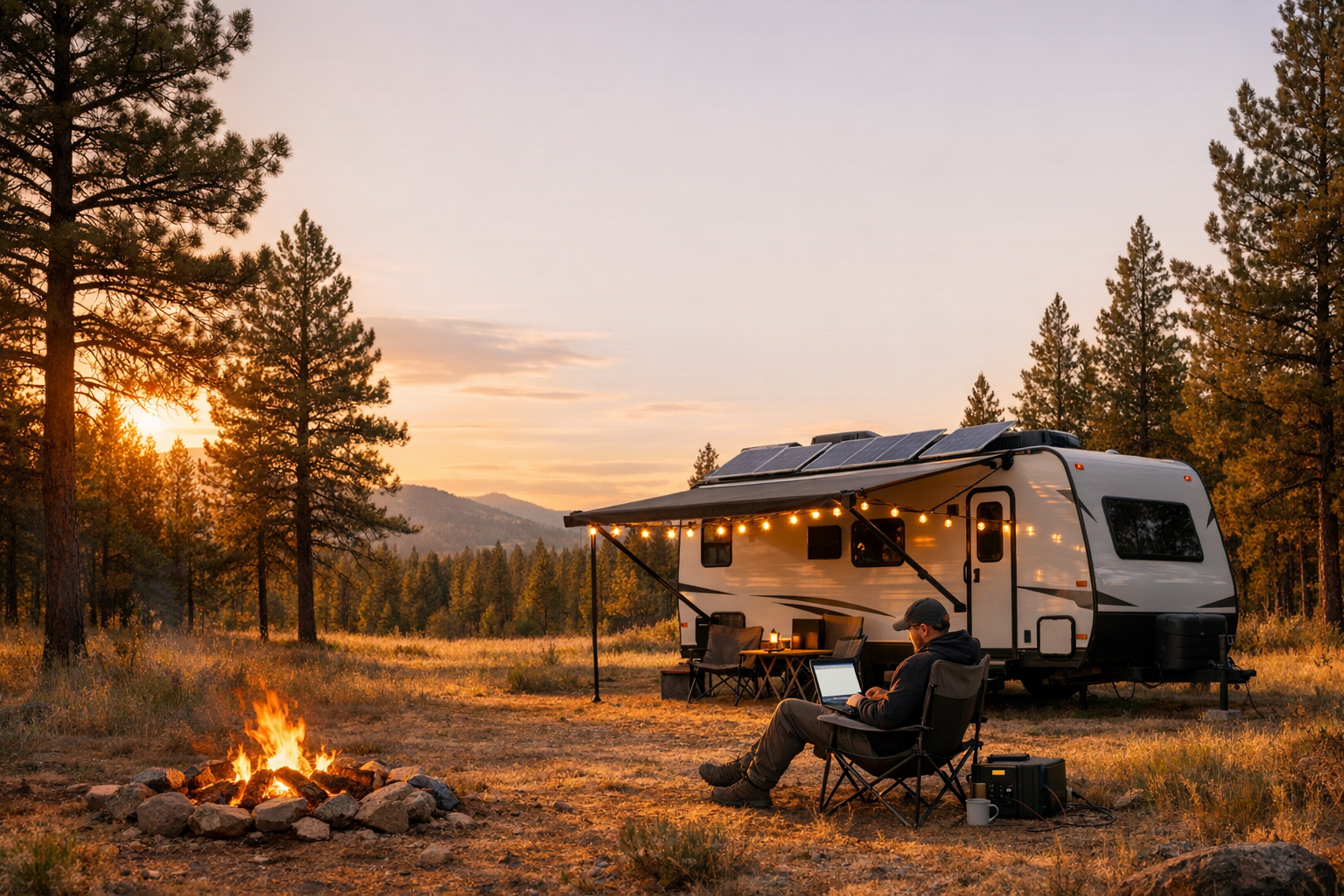 Travel trailer boondocking off-grid with solar panels showing camping style power needs