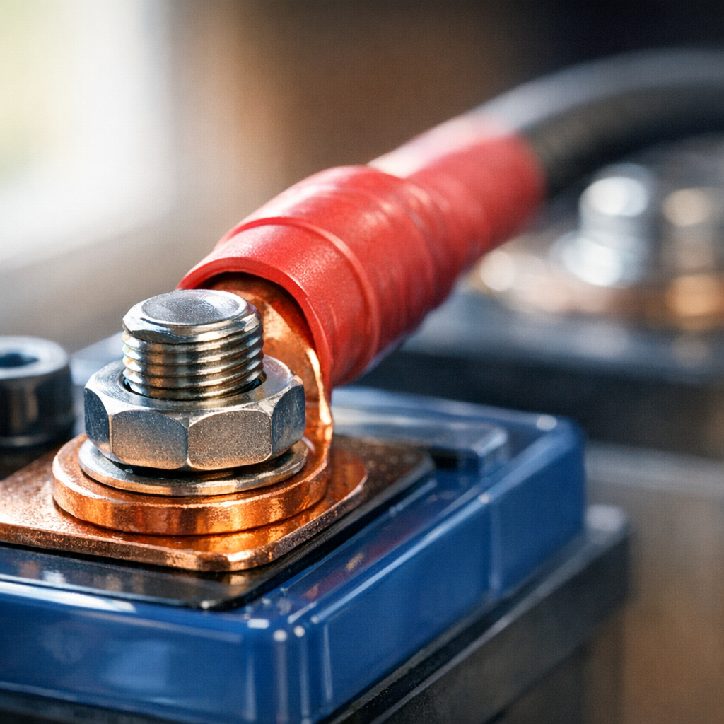 Close-up of RV battery terminal showing amp hour connection detail