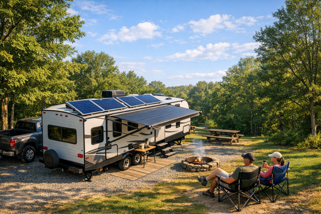 Travel trailer with solar panels on roof at sunny campsite